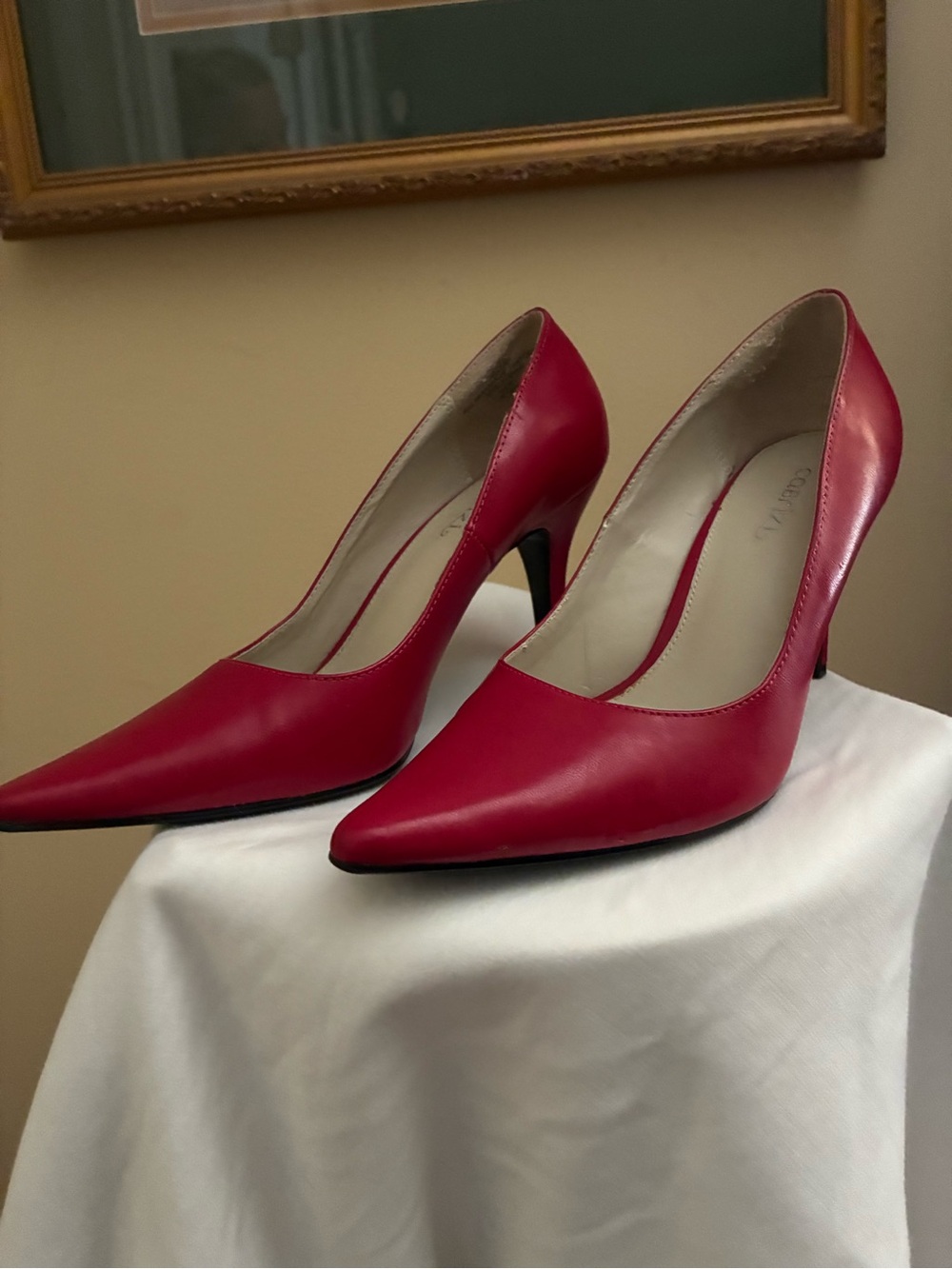 Cabrizi Bright Red Stiletto Heels Pointed Toe Slip On Pumps
